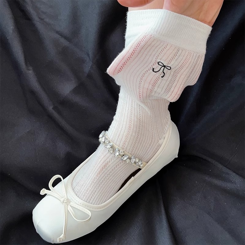 芭蕾风白色蝴蝶结堆堆袜子女长袜ins潮纯棉夏季薄款日系jk中筒袜 - 图1