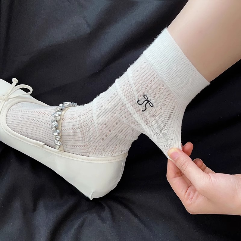 芭蕾风白色蝴蝶结堆堆袜子女长袜ins潮纯棉夏季薄款日系jk中筒袜 - 图2