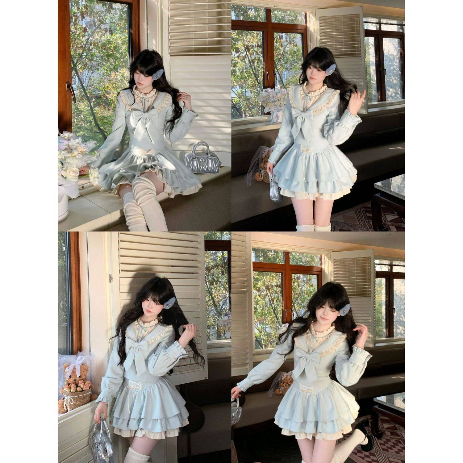 甜美奶蓝色加厚少女毛呢套装木耳花边收腰上衣＋蛋糕半裙,淘宝优惠券,粉丝福利购,淘宝优惠卷