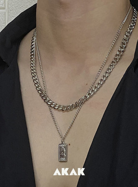 AKAK方牌叠戴古巴项链男潮简约百搭嘻哈钛钢个性拼接男生配饰秋冬