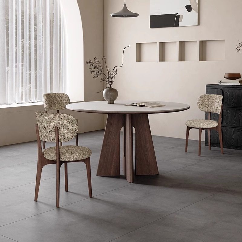 圆形实木餐桌椅组合小户型家用胡桃色复古风2025新款白色岩板餐桌,淘宝优惠券,粉丝福利购,淘宝优惠卷