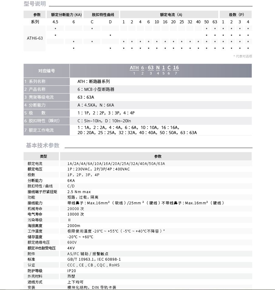 断路器动作保护终端配电ATH6-63N1C2D3C4D/ATH8-63N1C2C301P2P4极 - 图0