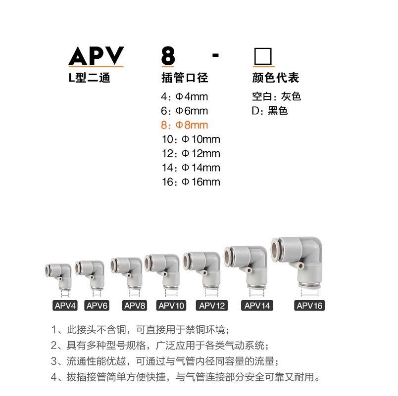 AirTac亚德客 L型弯通接头 APV4/APV6/APV8/APV10/APV12/APV14/16 - 图0