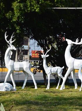 户外梅花鹿雕塑几何摆件白色北欧风庭院装饰动物造型现代商业摆件