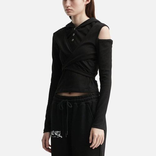 YEEL Strap Hooded Long Sleeve Top Black 长袖T恤女HBX - 图0