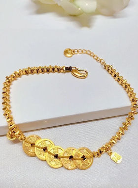 法国CapinKofin古法碎金子铜钱手链女铃铛福牌吊坠兔年财运手环