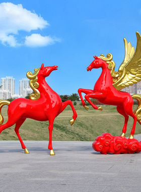 红色飞马金翅膀云朵庭院雕塑摆件