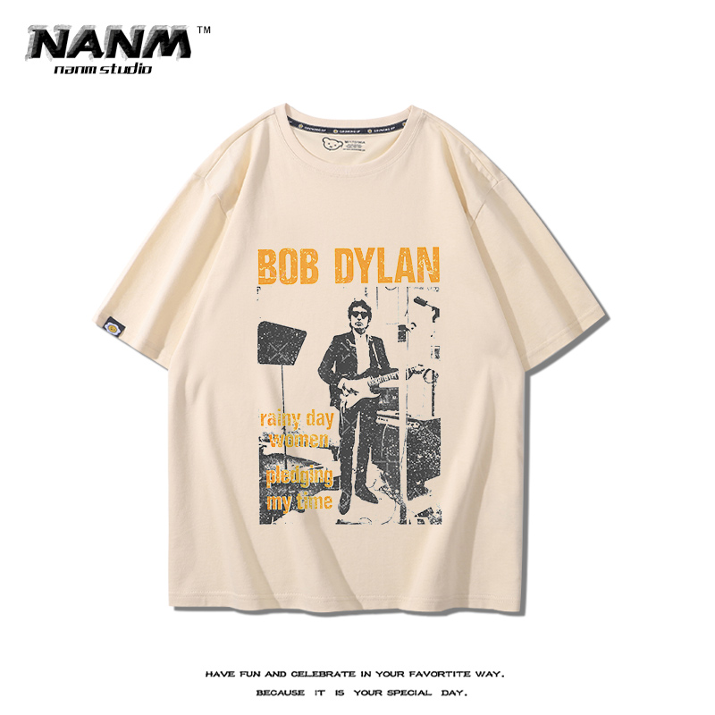 美国歌手Bob Dylan鲍勃迪伦短袖男夏季民谣摇滚vintage纯棉半截袖-图1