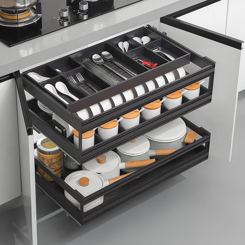航艇拉篮厨房橱柜三层抽屉式碗架太空铝抽中抽碗柜内收纳碗碟蓝