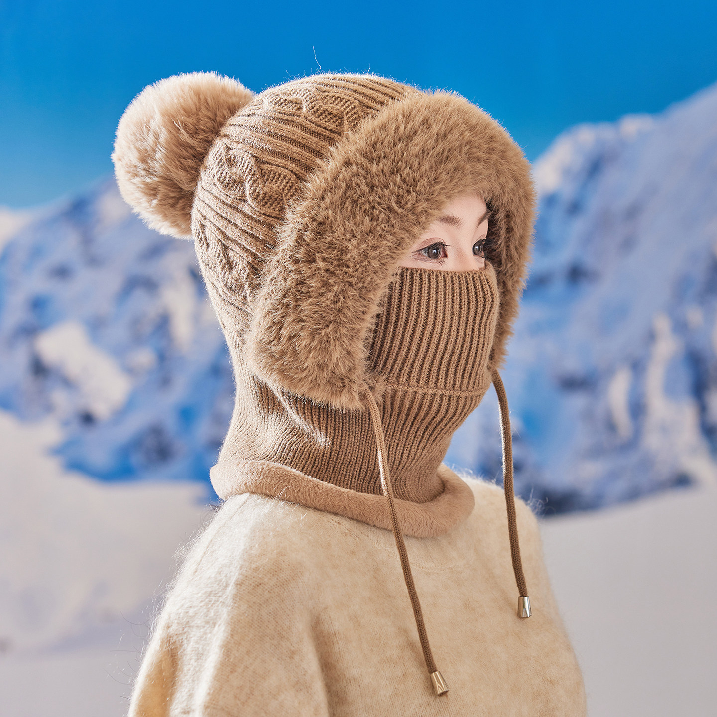 冬季加绒毛线帽子围脖一体帽女加厚保暖护耳女防风针织连体套头帽,淘宝优惠券,粉丝福利购,淘宝优惠卷