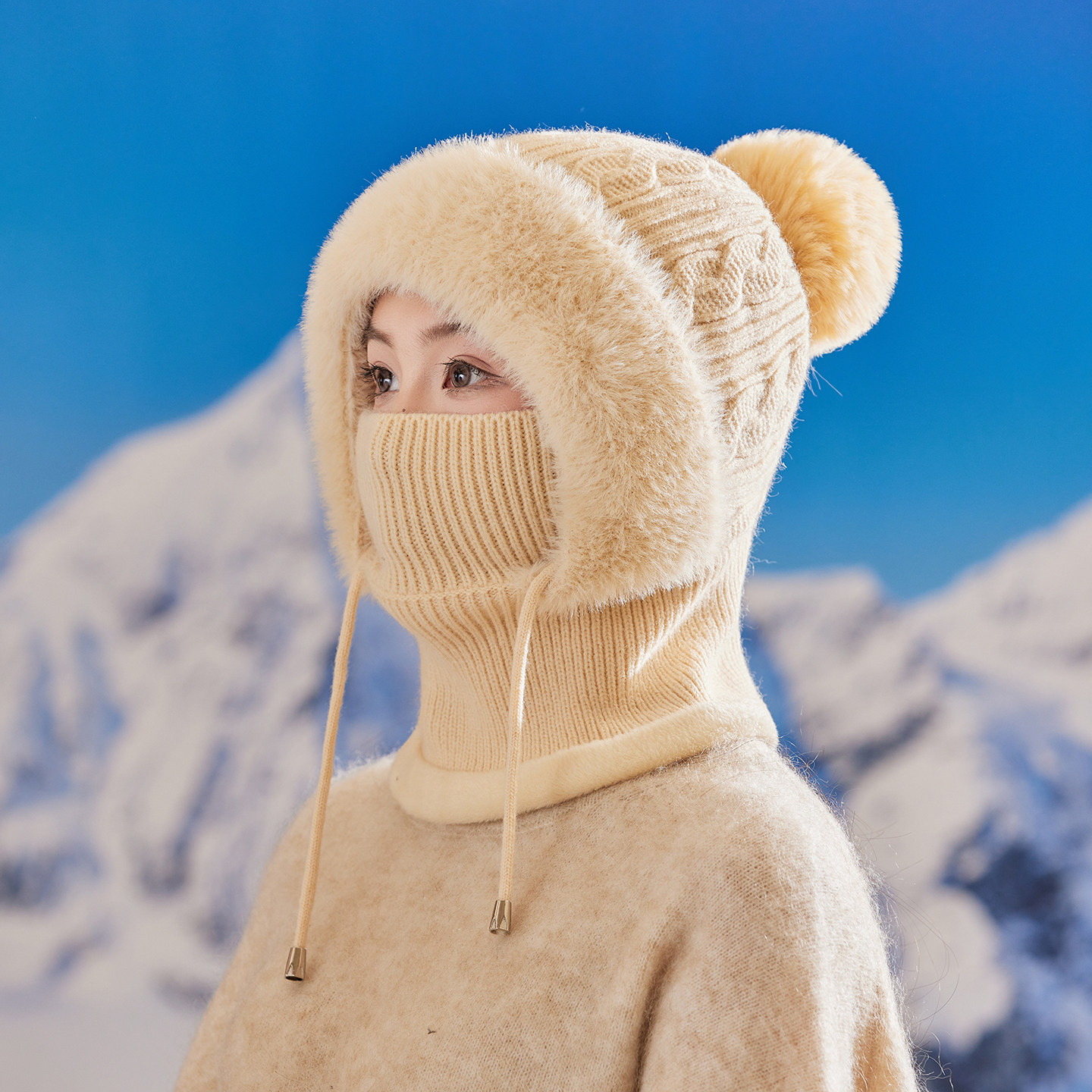 冬季加绒毛线帽子围脖一体帽女加厚保暖护耳女防风针织连体套头帽,淘宝优惠券,粉丝福利购,淘宝优惠卷