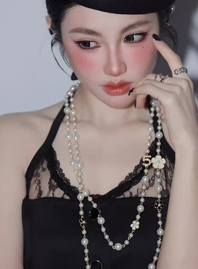 新中式长款叠戴山茶花珍珠毛衣链