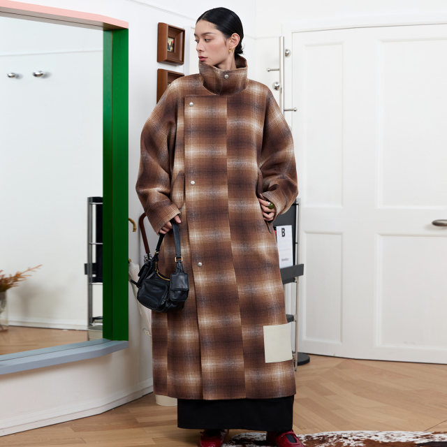 ALLBEINGS 24AW卡其格纹大廓形落肩双面呢长款羊毛大衣冬季新款女