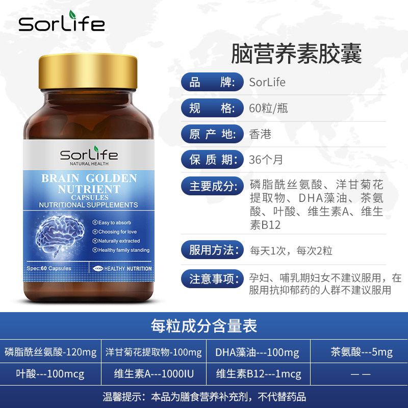 补脑素补脑增强记忆力神经酸dha SorlifeFlipped海外鱼油/深海鱼油