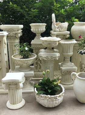 欧式罗马柱摆件边几落地装饰仿石膏复古花架花园花盆底座婚庆路引
