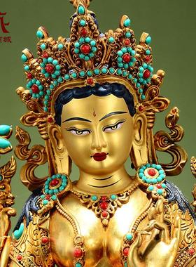 藏村彩珠镶嵌《绿度母》室内家用全鎏金《绿多罗观音》铜佛像摆件