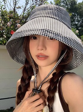 韩系千鸟格子防晒渔夫帽女夏季薄款可折叠大檐遮阳帽遮脸太阳帽子