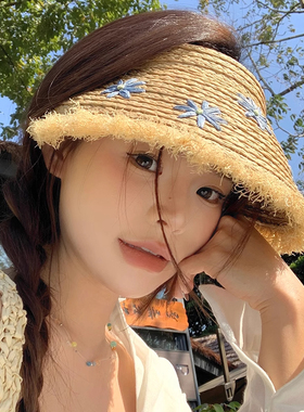 空顶拉菲草帽女款夏季小香风沙滩防紫外线大帽檐防晒遮阳太阳帽子
