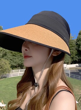 草编遮阳帽女防晒夏黑胶新款防紫外线大檐空顶草帽骑车太阳帽子