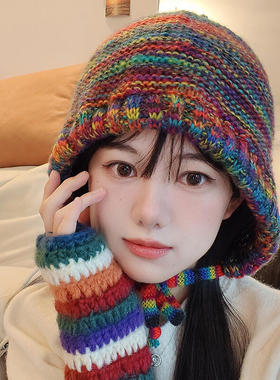 日系小众撞色彩虹毛线帽子