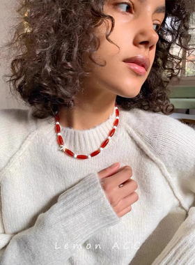 天然红玛瑙海星玉石长条串珠项链