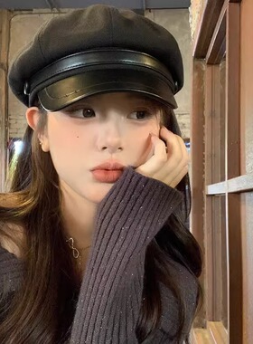 IOTS 皮檐拼接气质百搭复古时尚 聚酯纤维 贝雷帽 男女同款情侣款
