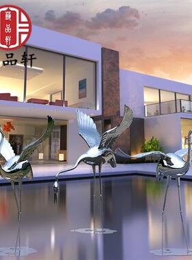 售楼部户外水景不锈钢仙鹤景观雕塑酒店水池金属火烈鸟大型摆件