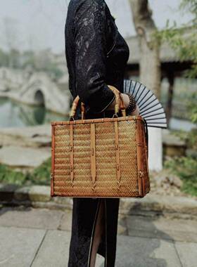 山里竹屋日式手提竹编包女士竹包复古禅意手拎包保修一年