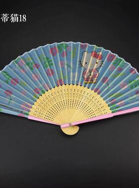 日式折扇可爱小卡通扇子可折叠竹扇KT猫儿童女扇丝绸布扇纸扇