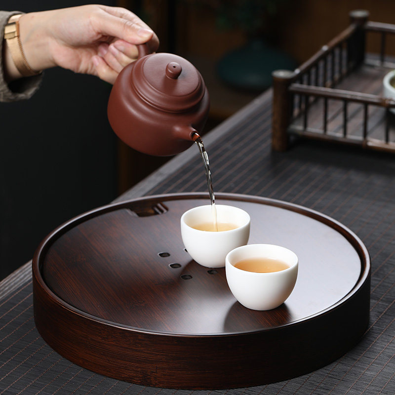 苏氏陶瓷茶盘圆形栗色竹制茶盘储水式茶托圆方小号-图1