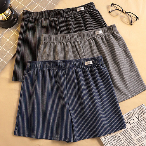 男士内裤阿罗裤宽松版透气纯棉四角裤衩居家睡裤男款大码条纹平角 - 图0