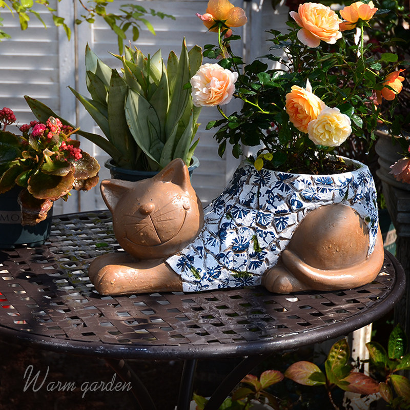 庭院创意小猫咪造型摆件青花图案花盆阳台花园新中式可爱动物装饰,淘宝优惠券,粉丝福利购,淘宝优惠卷