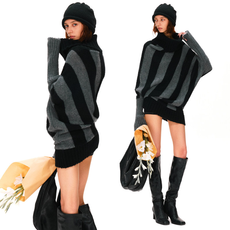 KVKV 羊毛马海毛复古蝙蝠袖两穿斜肩黑灰条纹毛衣,淘宝优惠券,粉丝福利购,淘宝优惠卷
