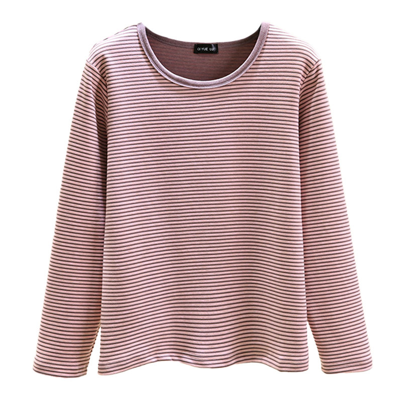 德绒条纹长袖上衣冬季加绒保暖圆领打底衫女加厚大码显瘦睡衣上装,淘宝优惠券,粉丝福利购,淘宝优惠卷