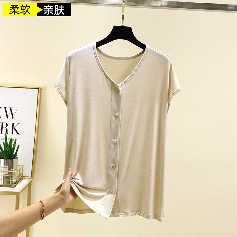 莫代尔V领无袖T恤女夏季薄款背心开衫中老年宽松坎肩家居睡衣上装,淘宝优惠券,粉丝福利购,淘宝优惠卷