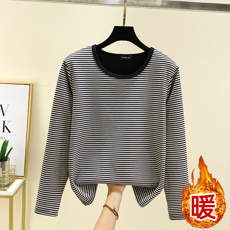 德绒条纹长袖上衣冬季加绒保暖圆领打底衫女加厚大码显瘦睡衣上装,淘宝优惠券,粉丝福利购,淘宝优惠卷