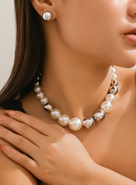 欧美跨境饰品 夸张大珠子时尚短款项链choker 朋克气质仿珍珠项圈