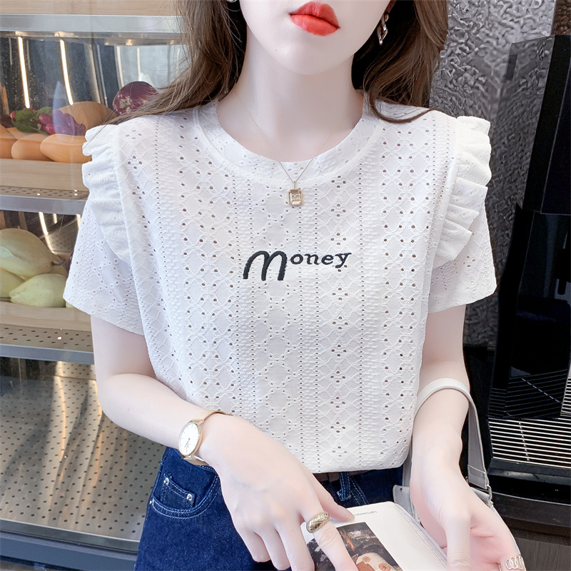 荷月边蕾丝镂空短袖T恤女2024夏季新款宽松显瘦休闲刺绣圆领上衣