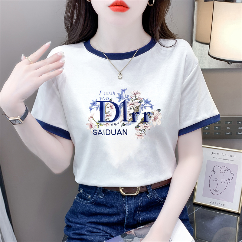 纯棉撞色短袖T恤女2024夏季新款宽松休闲印花白色圆领显瘦上衣ins - 图2