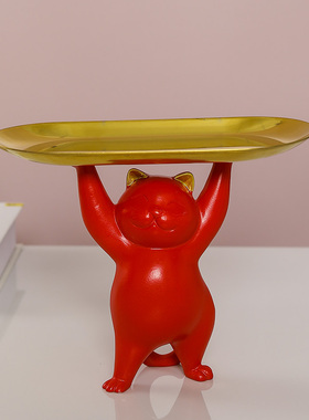 招财猫摆件玄关鞋架妖娆猫化妆品眼镜收纳盘镀金不锈钢盘猫咪摆件