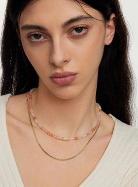 桃花醉~多巴胺天然石水晶粉晶项链小众锁骨链女简约甜妹风格