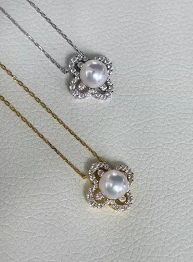 四叶草吊坠~天然淡水珍珠8-9mm花朵项链女轻奢小众设计感银配件