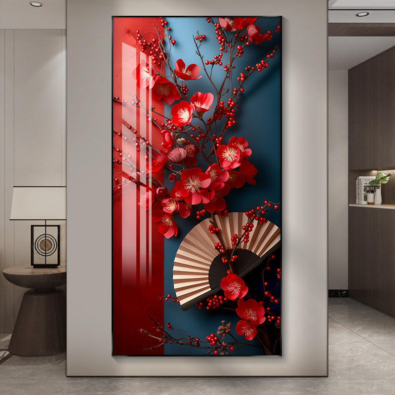 红色喜庆中国风入户玄关装饰画走廊过道挂画竖版酒店楼梯拐角壁画