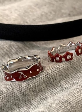 小清新红色滴釉花朵樱桃戒指复古