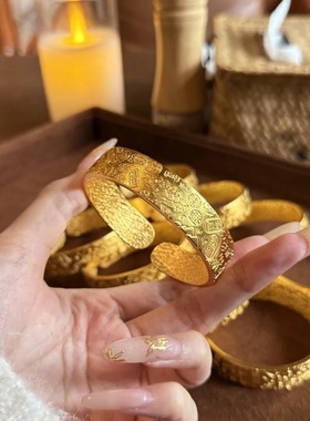 吉言八宝莲花开口锤纹手镯女