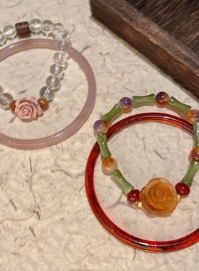 粉雾玫瑰~花朵串珠手镯女轻奢