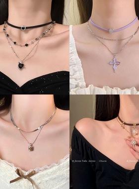 辣味小野~甜酷辣妹风皮革项链爱心吊坠锁骨链毛衣链颈链女