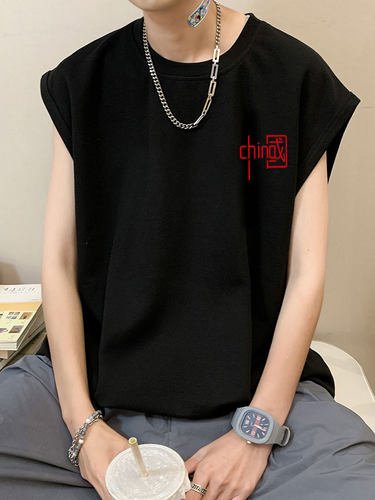 潮牌痞帅纯棉无袖t恤男款夏季美式hiphop高街运动健身汗背心坎肩 - 图0