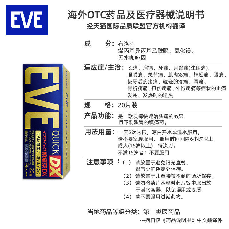 白兔eve止疼药痛经头痛牙痛退烧药 SUMMITBRIGHT海外国际解热镇痛用药
