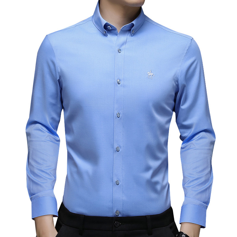 保罗男士工装竹纤维条纹免烫蓝衬衣 保罗奢悍衬衫